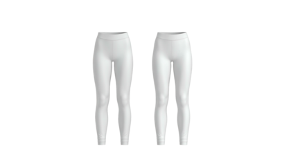 Two identical pairs of plain white leggings against a black background