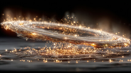 swirling ring of glowing particles over a reflective surface with sparks.