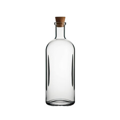 Clear glass bottle with cork, centered, against a pure black background