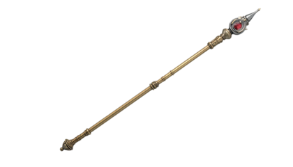 Golden staff with ornate detailing, topped with a red gem, isolated on black