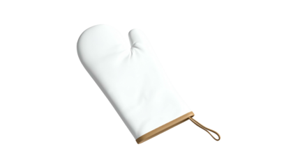 A single white oven mitt with a brown trim and loop, isolated on black