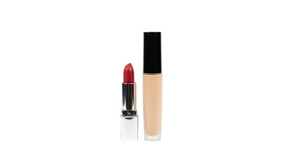 Red lipstick and liquid foundation beauty products makeup items