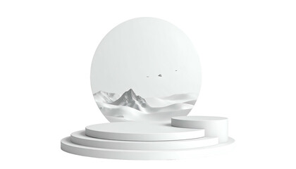 Minimalist 3D render of a product pedestal with a landscape behind it
