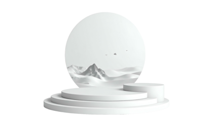 Minimalist 3D render of a product pedestal with a landscape behind it