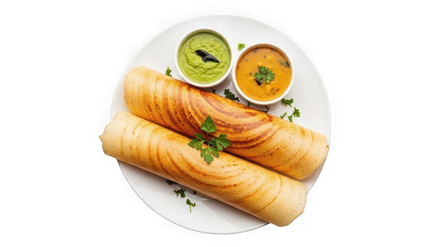Delicious south indian masala dosa served with sambar and coconut chutney isolated on transparent background