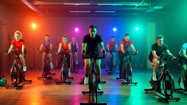 Energetic Group of People Enjoying Intense Spin Cycling Workout in Dynamic Fitness Studio
