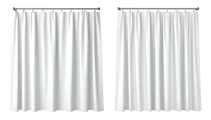 Two simple, white, draped curtains suspended from metallic rods, slightly folded