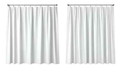 Two simple, white, draped curtains suspended from metallic rods, slightly folded