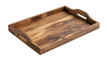 Angled shot of a rectangular wooden serving tray with handles, against a black background