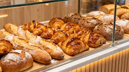 Assorted baked goods displayed in a bakery case, including croissants, baguettes, and rolls