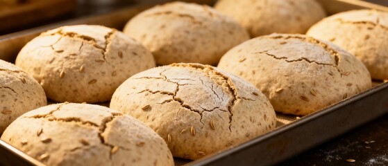 Freshly baked round bread loaves on a baking tray