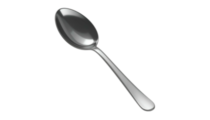 A shiny silver spoon on a black background, angled diagonally. The bowl reflects light