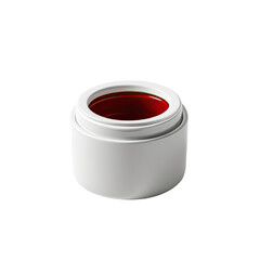 Small cylindrical container, white exterior, red liquid contents, black background