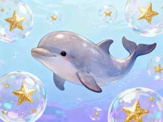 Fototapeta premium A dolphin swimming in a whimsical underwater scene with bubbles containing golden stars