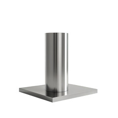 Polished, cylindrical metal structure on square base, black background