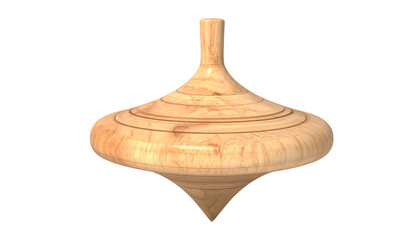 A classic wooden spinning top with a curved body, showcasing wood grain details, isolated on black