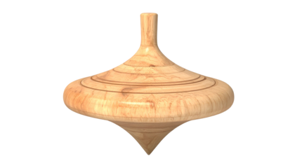 A classic wooden spinning top with a curved body, showcasing wood grain details, isolated on black