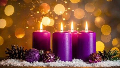 Four Lit Purple Candles on Snow with Festive Decor