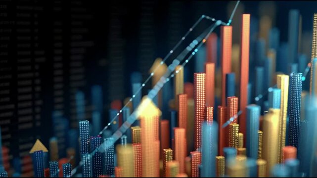 A colorful 3D bar graph with a rising trend line, displayed in a graphic resources style with a dark background and vibrant orange, blue, and yellow hues, conveying growth and progress.