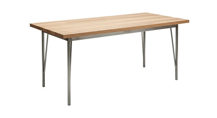 A simple, rectangular table featuring a light wood top and steel legs