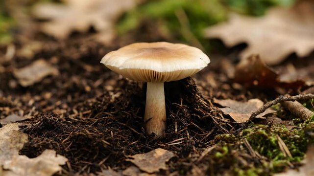 A close-up macro of an edible brown boletus edulis mushroom growing in the green moss and autumn grass of a wild forest