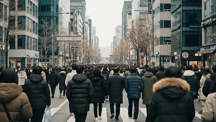 Crowded City Street with Pedestrians Walking on Sidewalk and Crossing Road.