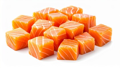 Cubed pieces of fresh salmon suitable for food blogs, seafood menus, recipe books, health articles, and restaurant promotions. Vibrant, appetizing image.