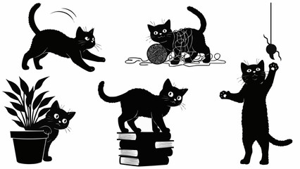 Collection of playful black cats in various poses and activities.