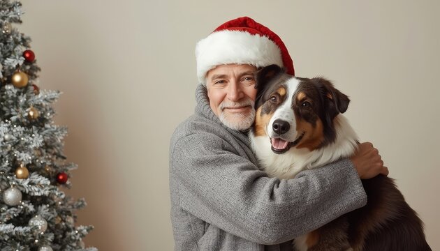 Senior man wearing a festive hat embraces loyal canine companion near a decorated evergreen - Powered by Adobe