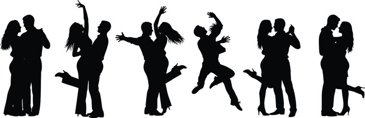 Dancing couple silhouette, romantic dance poses, black vector figures, performance gesture collection, ballroom movement illustration, partner choreography reference pack