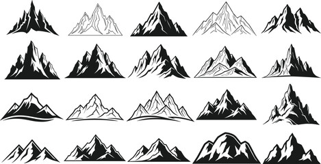 Collection of Mountain Illustrations in Various Black and White Styles