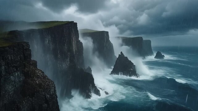 dramatic aerial view of rugged cliffs towering above a turbulent sea on storm