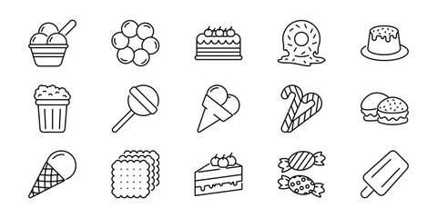 Vector outline icons of delicious desserts and sweet treats. Includes cakes, donuts, ice cream, and candies for food graphic design projects