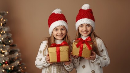 Two smiling children wearing festive hats present wrapped golden gifts beside a decorated evergreen tree