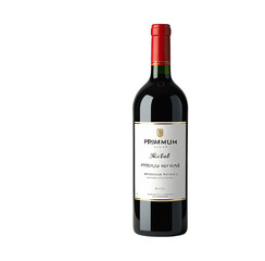 A red wine bottle with red cap, white label, on a black background