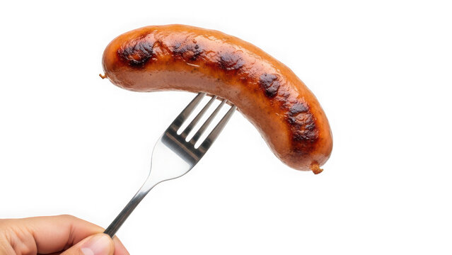 Grilled sausage on a fork held by hand, isolated on transparent background