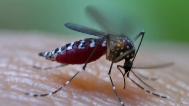 A close-up shot of an Aedes aegypti mosquito with a blood-filled abdomen, actively feeding on human skin, highlighting its striped legs and proboscis.