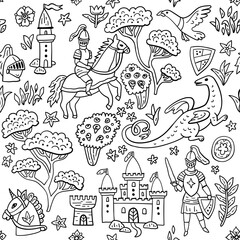 Seamless medieval vector pattern with knights, horses and castles. Dragon and rider. Hand-drawn like an ancient tapestry. For textile and paper design.