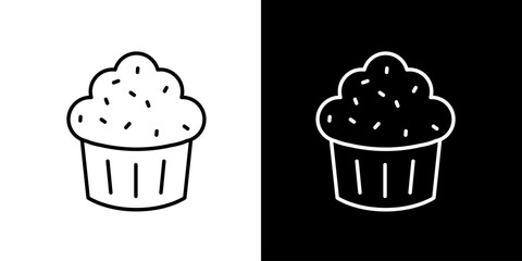 Minimalist line art icon of a delicious frosted cupcake with sprinkles, presented in adaptable monochrome for clean digital interfaces, bakery branding, and sweet dessert menus