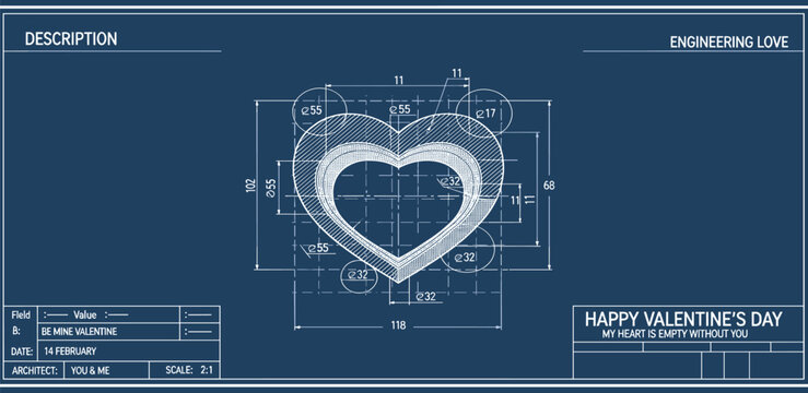 Technical drawing of a heart on valentine's day blueprint