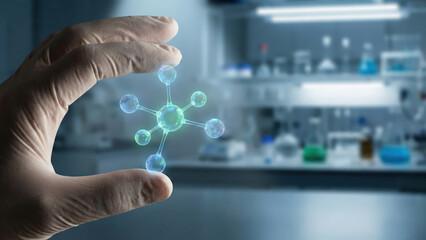Gloved hand holding molecular model in laboratory, scientific research scene conveying discovery and innovation