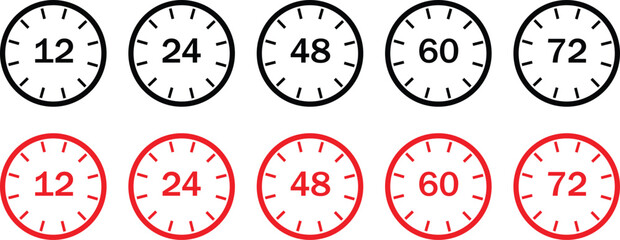 Delivery and Service Time Icons Set – 12, 24, 48,60, 72 Hours Countdown Clock Arrows Vector