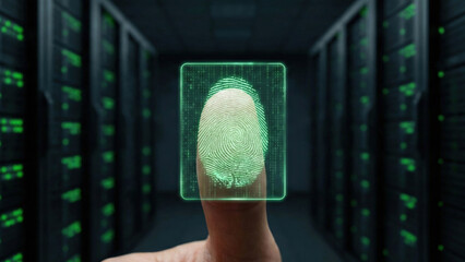 Fingerprint authentication on biometric scanner glowing with data stream in server room, secure access and futuristic security feeling