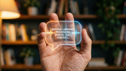 Natural language processing speech text context visualization in hand with warm library background conveying innovation and focus