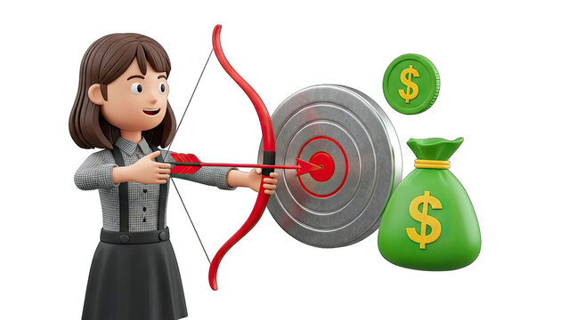 Businesswoman Shooting Arrow at Target for Financial Success - Powered by Adobe
