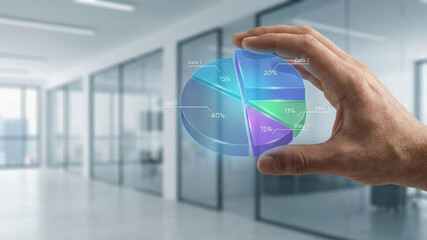 Business professional holding translucent 3D pie chart hologram in modern office, futuristic visualization and analytical insight, confident