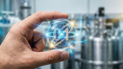 Futuristic glowing digital orb with binary 01 held between fingers conveying innovation and optimistic energy in high tech industrial laboratory