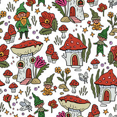 Vector pattern with gnomes and mushroom houses. Forest fairytale world. Seamless background with magical characters.