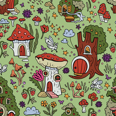 Vector pattern with gnomes and mushroom houses. Forest fairytale world. Seamless background with magical characters.