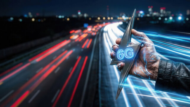 Hand holding futuristic lightning emblem with glowing 6G over fast highway light trails, dynamic night technology scene - Powered by Adobe